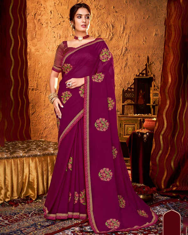 Vishal Prints Wine Designer Chiffon Saree With Embroidery And Diamond Work