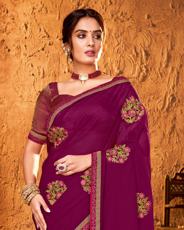 Vishal Prints Wine Designer Chiffon Saree With Embroidery And Diamond Work