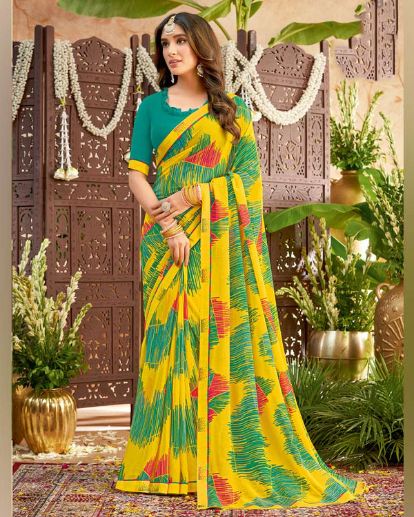 Vishal Prints Yellow Printed Georgette Saree With Fancy Border