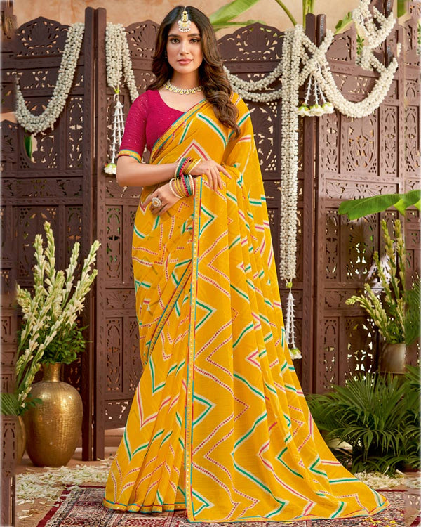 Vishal Prints Mustard Printed Chiffon Saree With Fancy Border