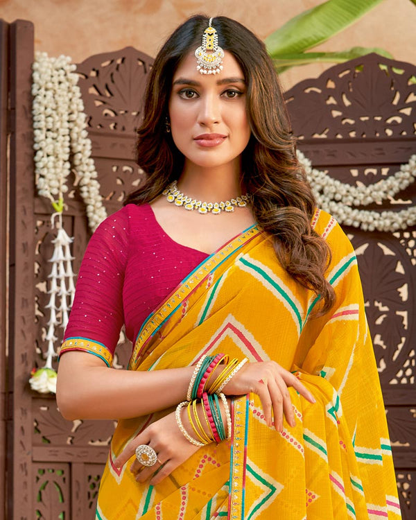 Vishal Prints Mustard Printed Chiffon Saree With Fancy Border