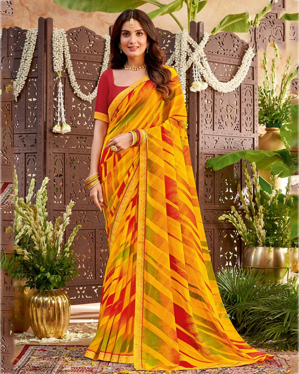 Vishal Prints Dark Yellow Printed Georgette Saree With Fancy Border