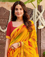 Vishal Prints Dark Yellow Printed Georgette Saree With Fancy Border