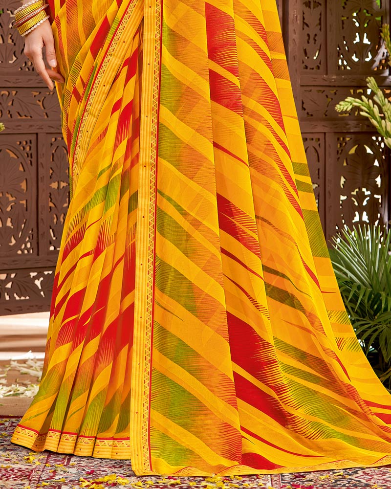 Vishal Prints Dark Yellow Printed Georgette Saree With Fancy Border