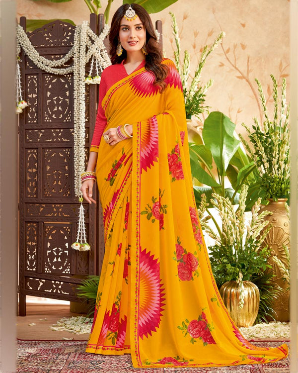 Vishal Prints Mustard Printed Georgette Saree With Fancy Border