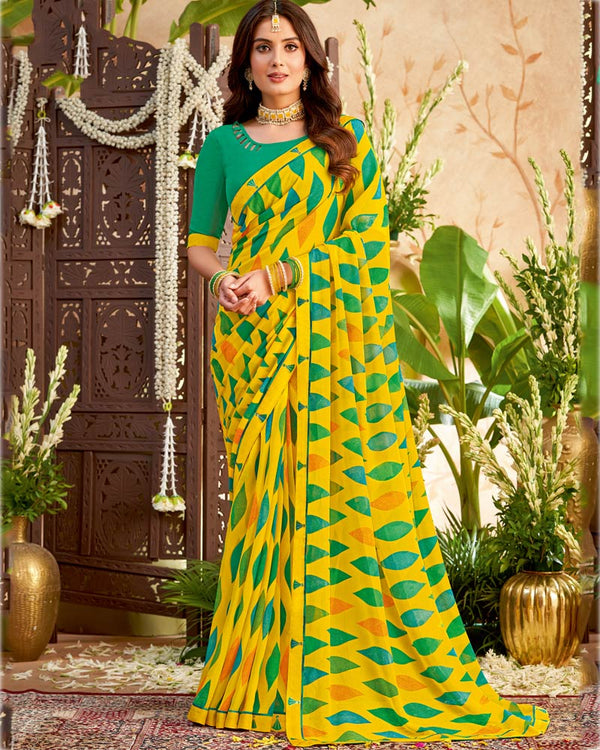 Vishal Prints Dark Yellow Printed Georgette Saree With Fancy Border