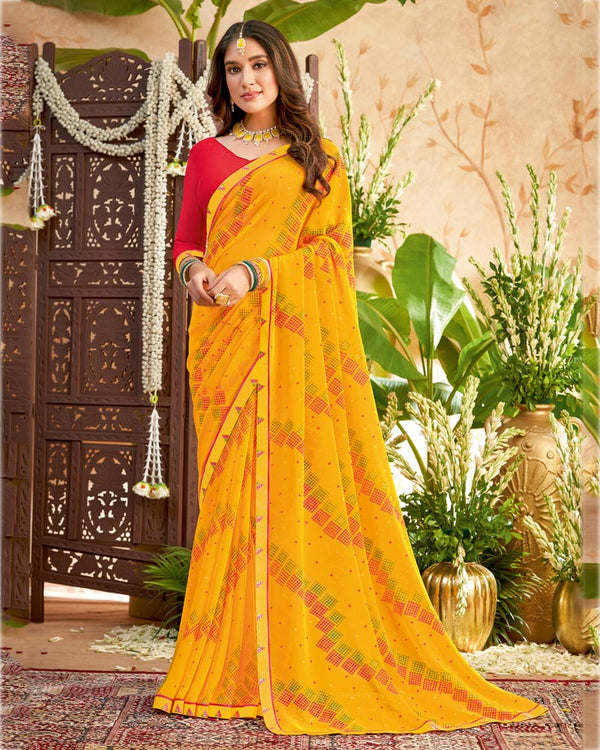 Vishal Prints Mustard Printed Georgette Saree With Fancy Border