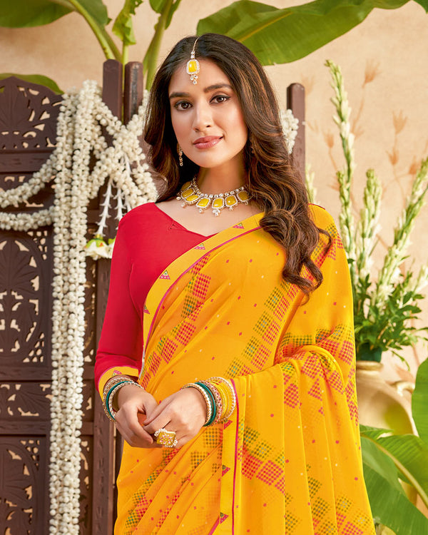 Vishal Prints Mustard Printed Georgette Saree With Fancy Border