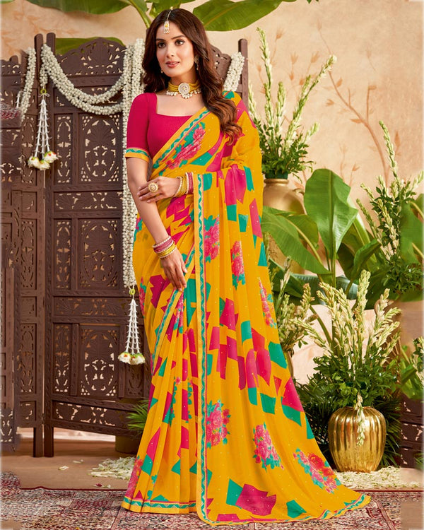 Vishal Prints Mustard Printed Georgette Saree With Fancy Border