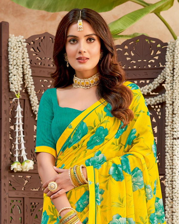 Vishal Prints Yellow Printed Georgette Saree With Fancy Border