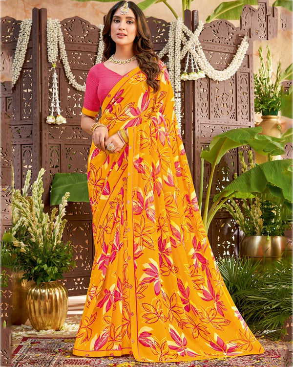 Vishal Prints Saffron Color Printed Georgette Saree With Fancy Border