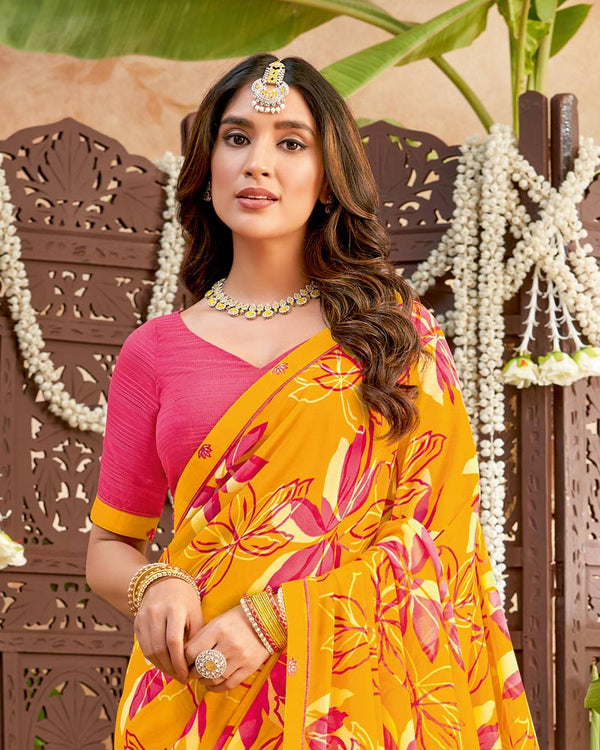 Vishal Prints Saffron Color Printed Georgette Saree With Fancy Border