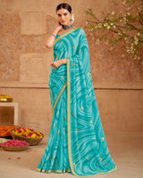 Vishal Prints Pastel Teal Green Printed Georgette Saree With Foil Print And Zari Border