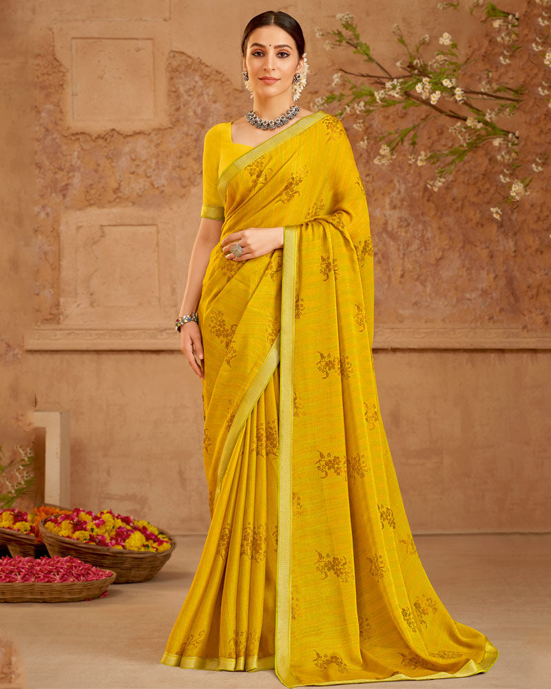 Vishal Prints Mustard Printed Chiffon Saree With Foil Print And Zari Border