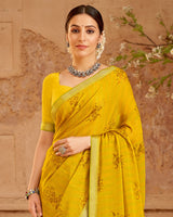 Vishal Prints Mustard Printed Chiffon Saree With Foil Print And Zari Border