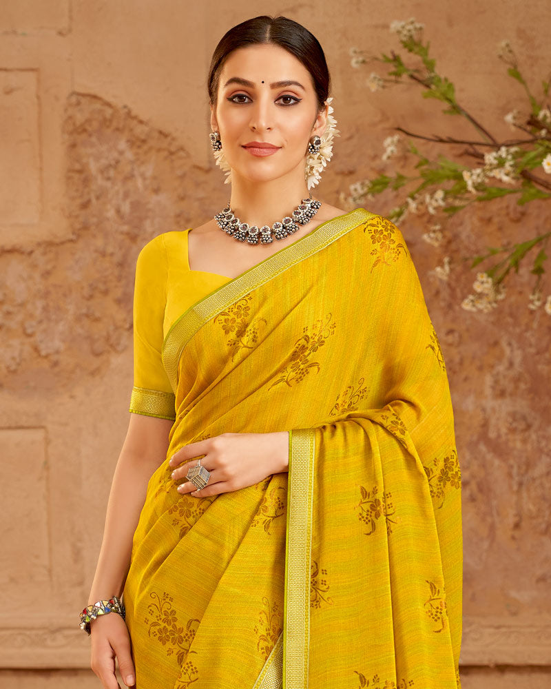 Vishal Prints Mustard Printed Chiffon Saree With Foil Print And Zari Border