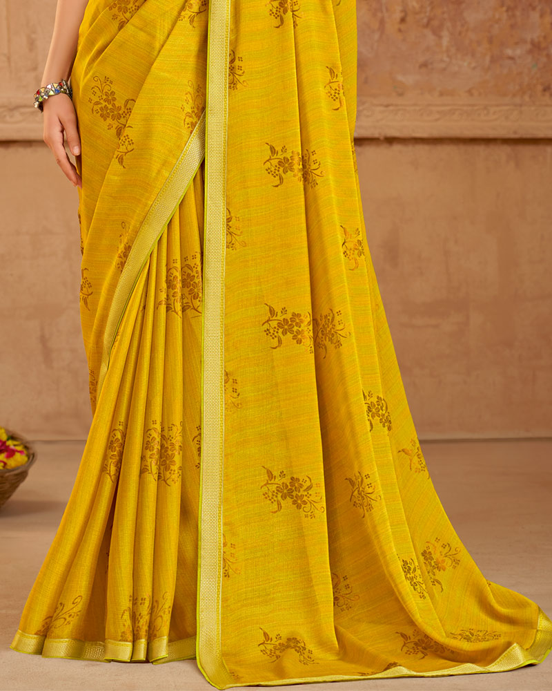 Vishal Prints Mustard Printed Chiffon Saree With Foil Print And Zari Border