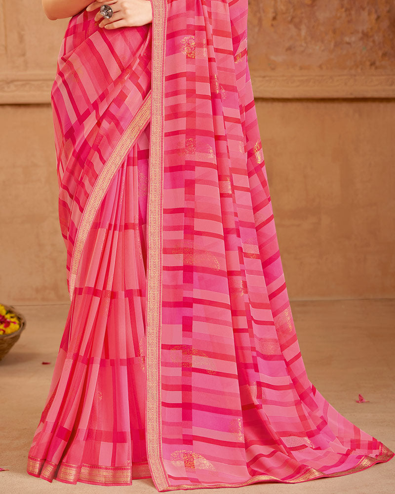 Vishal Prints Pink Printed Georgette Saree With Foil Print And Zari Border