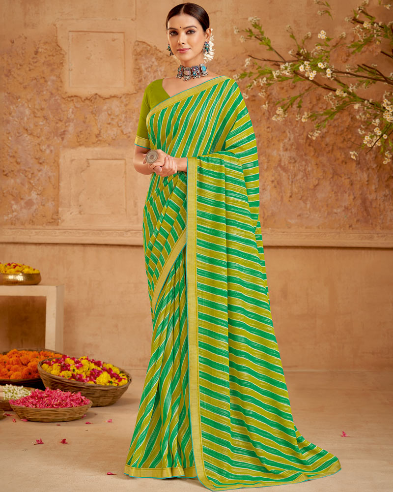 Vishal Prints Dark Green Printed Georgette Saree With Foil Print And Zari Border