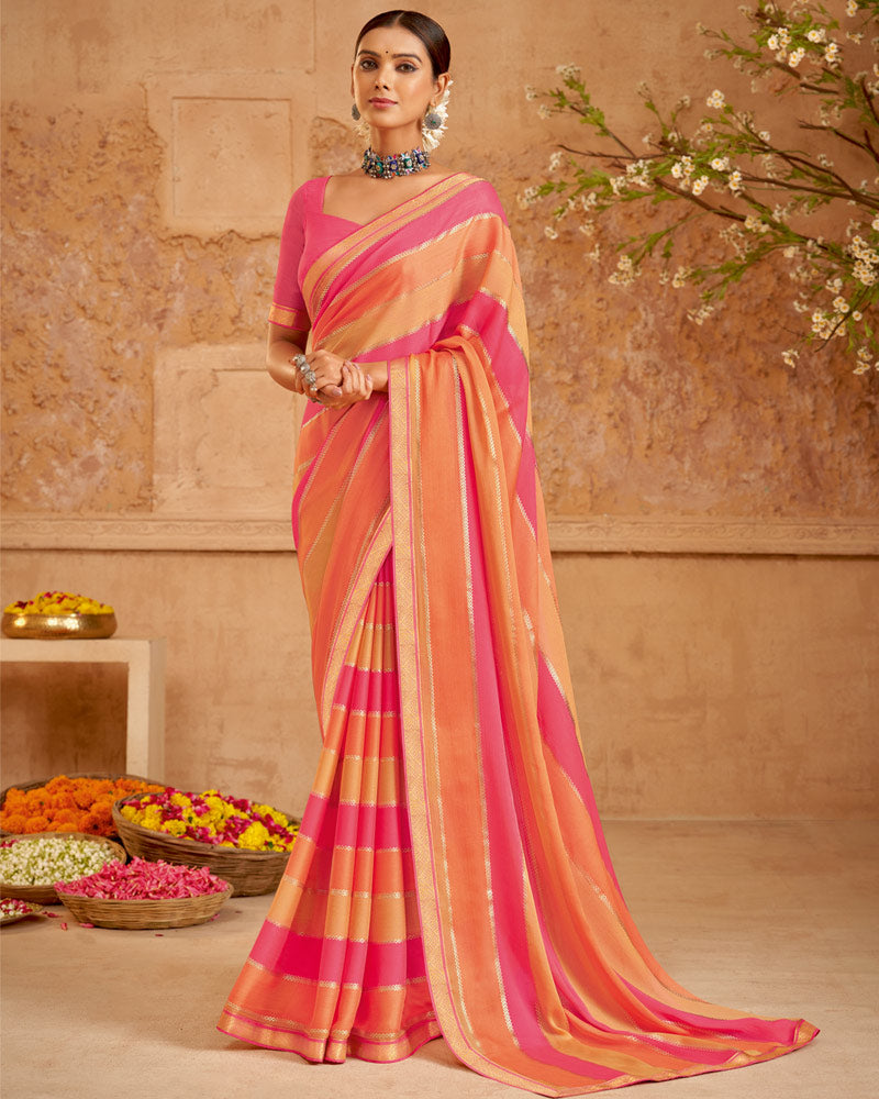 Vishal Prints Dark Pink Printed Chiffon Saree With Foil Print And Zari Border