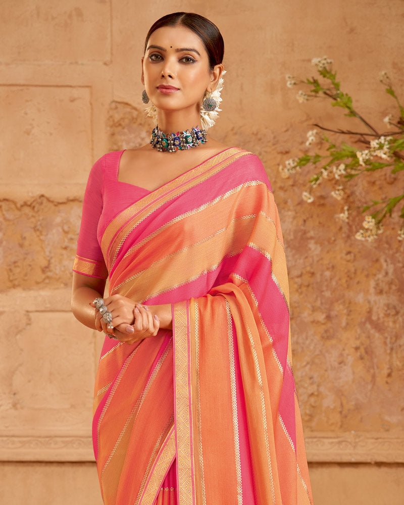 Vishal Prints Dark Pink Printed Chiffon Saree With Foil Print And Zari Border