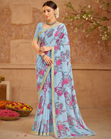 Vishal Prints Pastel Blue Printed Georgette Saree With Foil Print And Zari Border