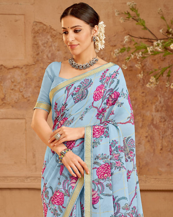 Vishal Prints Pastel Blue Printed Georgette Saree With Foil Print And Zari Border