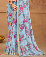 Vishal Prints Pastel Blue Printed Georgette Saree With Foil Print And Zari Border