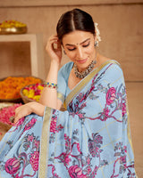 Vishal Prints Pastel Blue Printed Georgette Saree With Foil Print And Zari Border