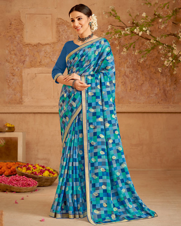 Vishal Prints Dark Blue Printed Chiffon Saree With Foil Print And Zari Border