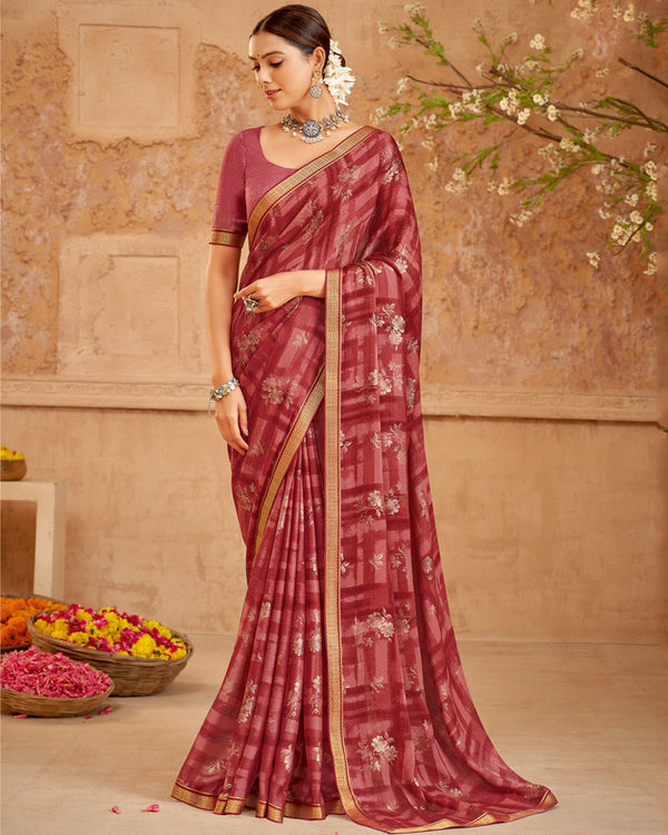 Vishal Prints Brick Red Printed Chiffon Saree With Foil Print And Zari Border