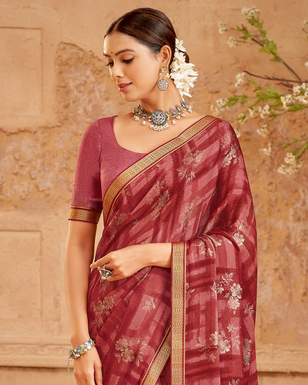 Vishal Prints Brick Red Printed Chiffon Saree With Foil Print And Zari Border