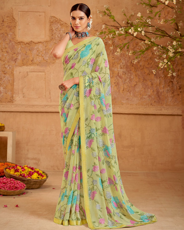 Vishal Prints Pastel Olive Printed Georgette Saree With Foil Print And Zari Border