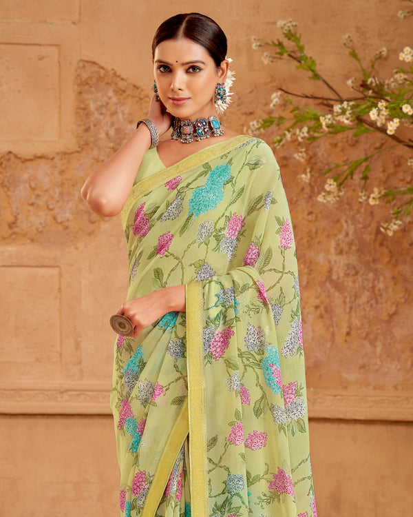 Vishal Prints Pastel Olive Printed Georgette Saree With Foil Print And Zari Border