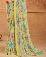 Vishal Prints Pastel Olive Printed Georgette Saree With Foil Print And Zari Border