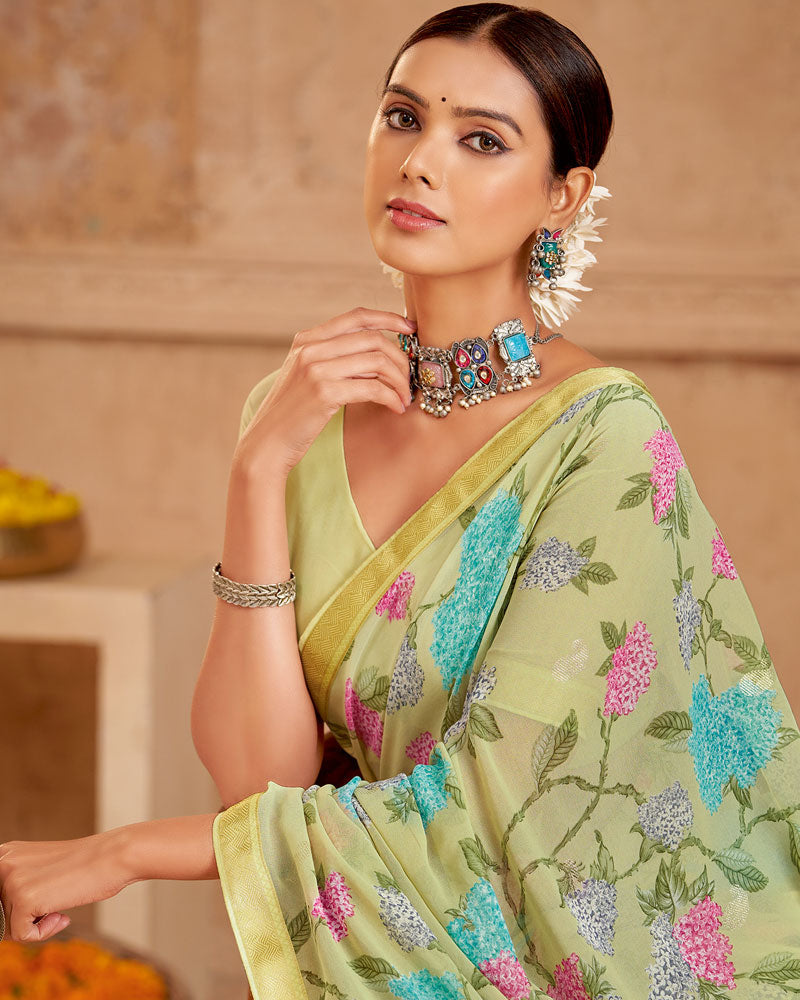 Vishal Prints Pastel Olive Printed Georgette Saree With Foil Print And Zari Border