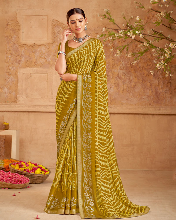 Vishal Prints Dark Mustard Printed Georgette Saree With Foil Print And Zari Border