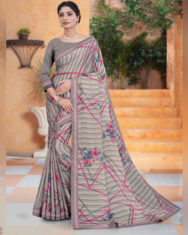 Vishal Prints Sisal Grey Printed Fancy Chiffon Saree With Border