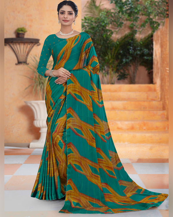 Vishal Prints Teal Blue Printed Fancy Chiffon Saree With Core Piping