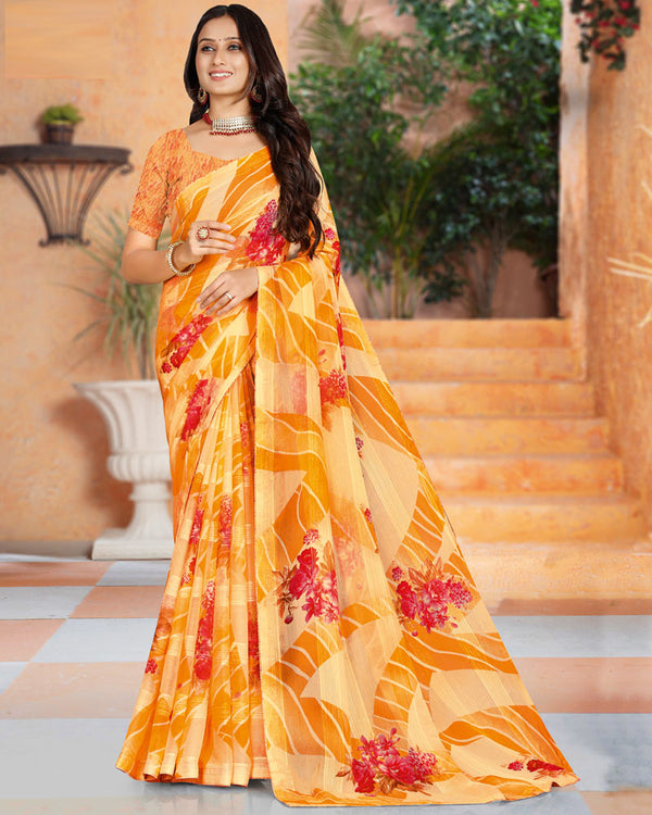 Vishal Prints Saffron Color Printed Fancy Chiffon Saree With Core Piping