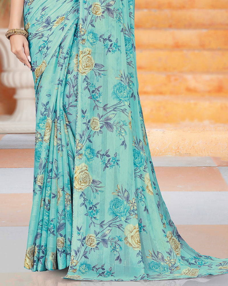 Vishal Prints Turquoise Blue Printed Fancy Chiffon Saree With Core Piping