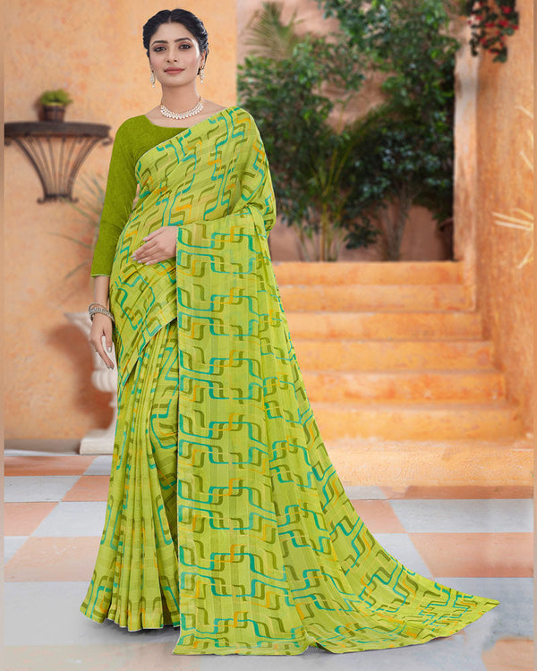 Vishal Prints Celery Printed Fancy Chiffon Saree With Core Piping