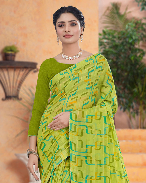 Vishal Prints Celery Printed Fancy Chiffon Saree With Core Piping