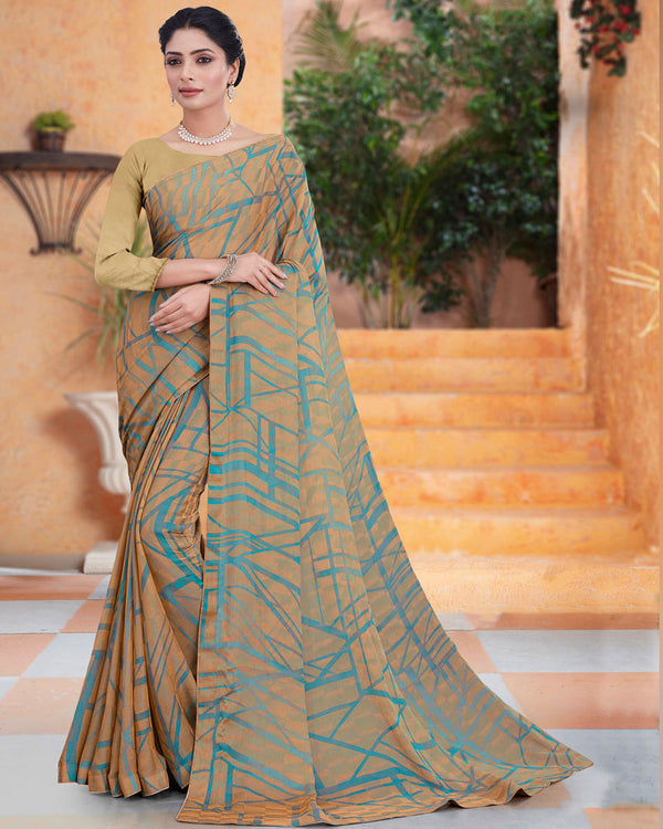 Vishal Prints Sand Brown Printed Fancy Chiffon Saree With Core Piping