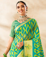 Vishal Prints Teal Green Printed Chiffon Saree With Foil Print And Weaved Viscose Border