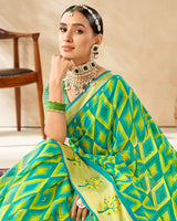 Vishal Prints Teal Green Printed Chiffon Saree With Foil Print And Weaved Viscose Border