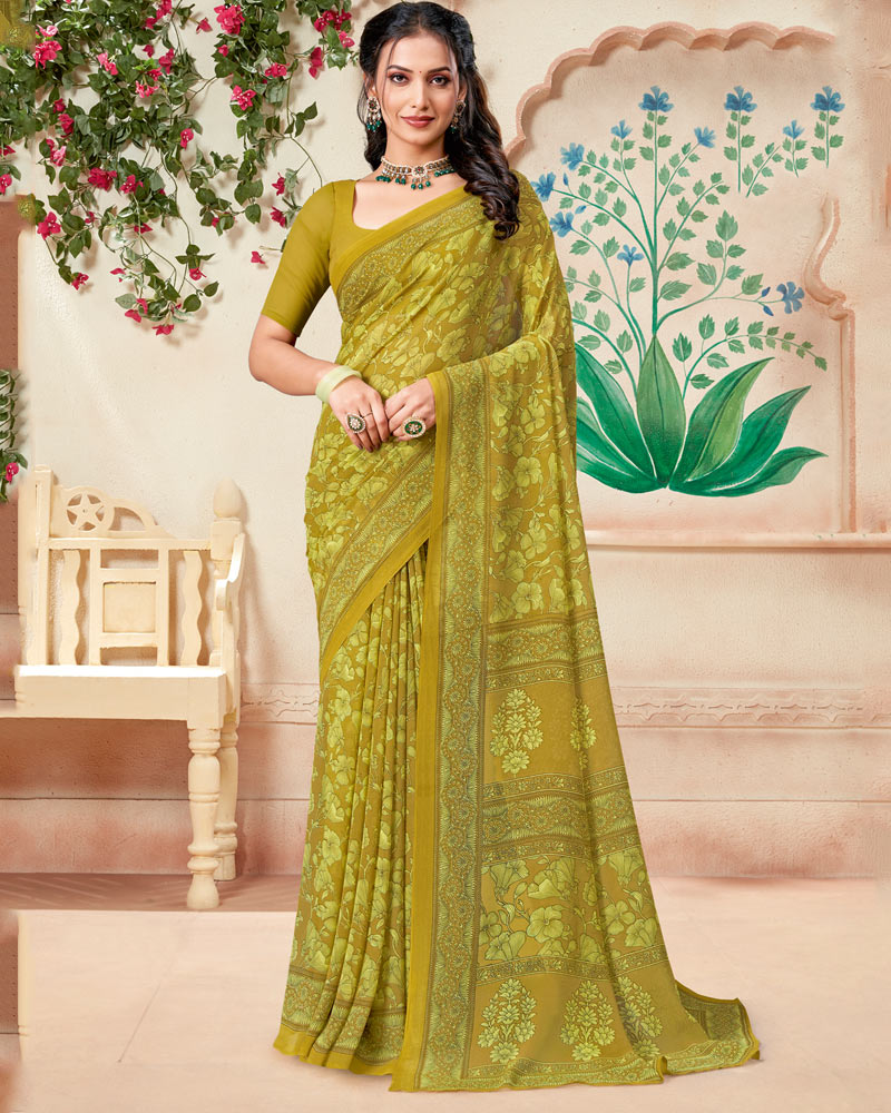 Vishal Prints Tussock Green Printed Georgette Saree