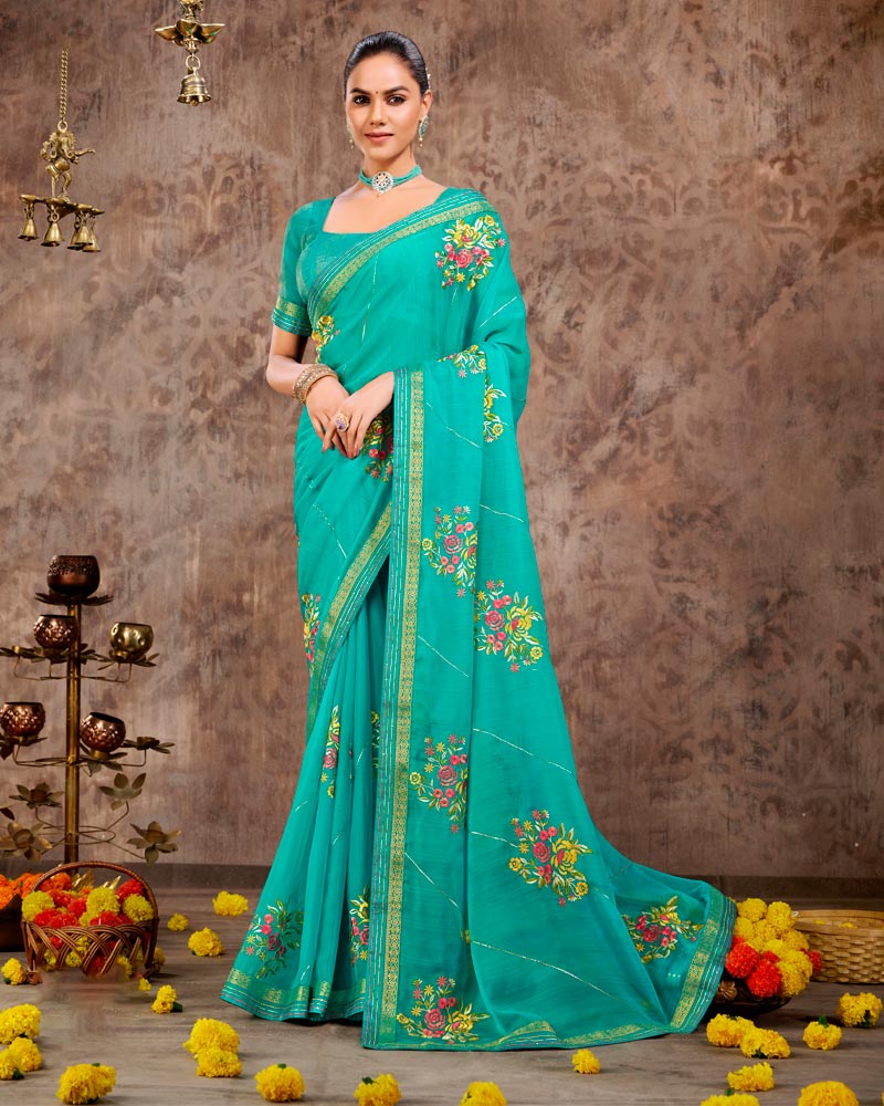 Vishal Prints Dark Turquoise Blue Designer Chiffon Saree With Embroidery Work And Fancy Border