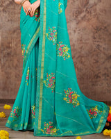 Vishal Prints Dark Turquoise Blue Designer Chiffon Saree With Embroidery Work And Fancy Border