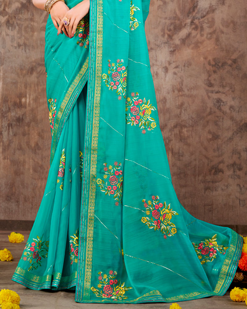 Vishal Prints Dark Turquoise Blue Designer Chiffon Saree With Embroidery Work And Fancy Border